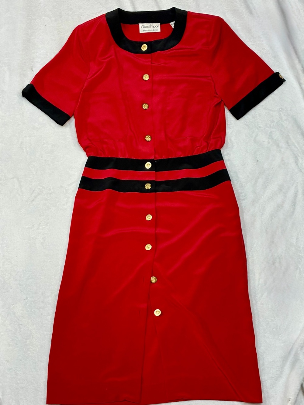 Vintage 1980s Albert Nipon Executive Dress Red Black Gold Buttons Sz 10